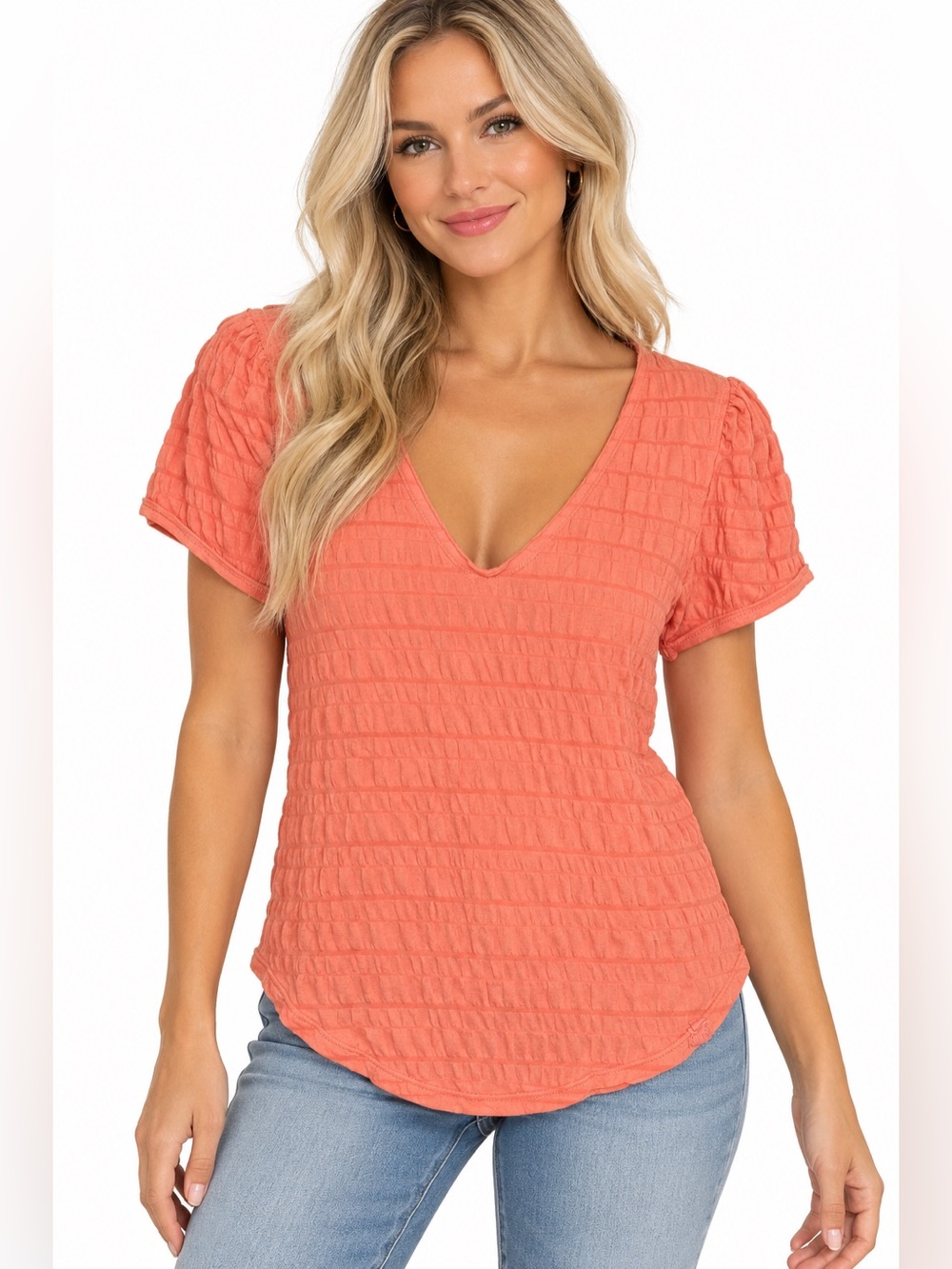We The Free V-Neck Textured Short Sleeve Top in Coral Size Small